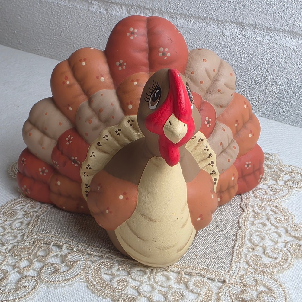 Vintage Hand Painted Quilted Ceramic Turkey Figurine Thanksgiving Cottagecore